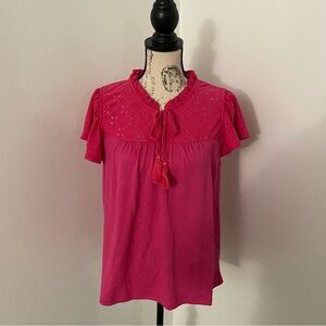 Hasting and Smith Women’s L Pink Frill Tie Neck Eyelet Short Sleeve Blouse